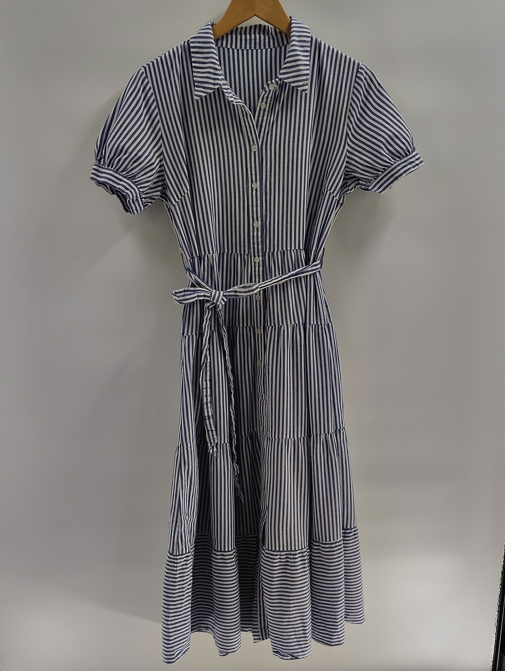 Blue White Stripe Tiered Button Down Dress Medium Waist Tie